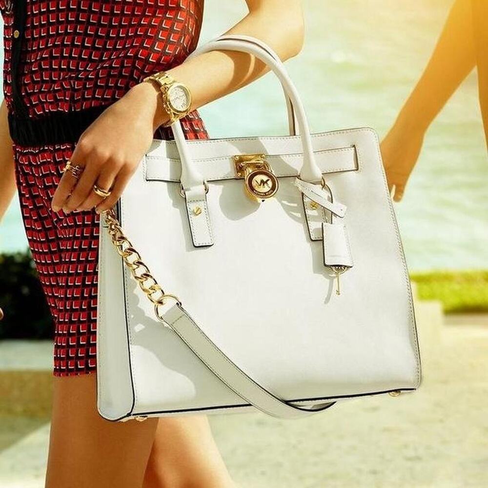 Michael Kors Hamilton White Metallic Silver Top Handle Tote MK Logo Lock & Key